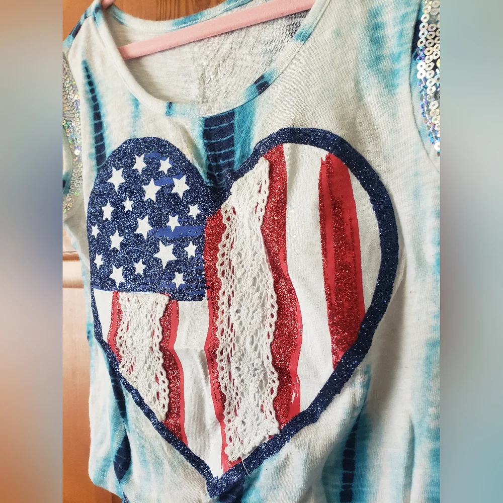 Girls Justice Patriotic Tie Dye Heart Flag Sequin Top Crochet Lace 7